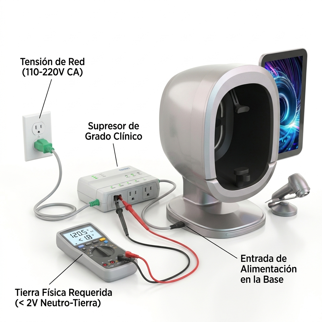 Esquema 3D de comprobación eléctrica con multímetro de la tensión y conexión a tierra física antes de energizar.