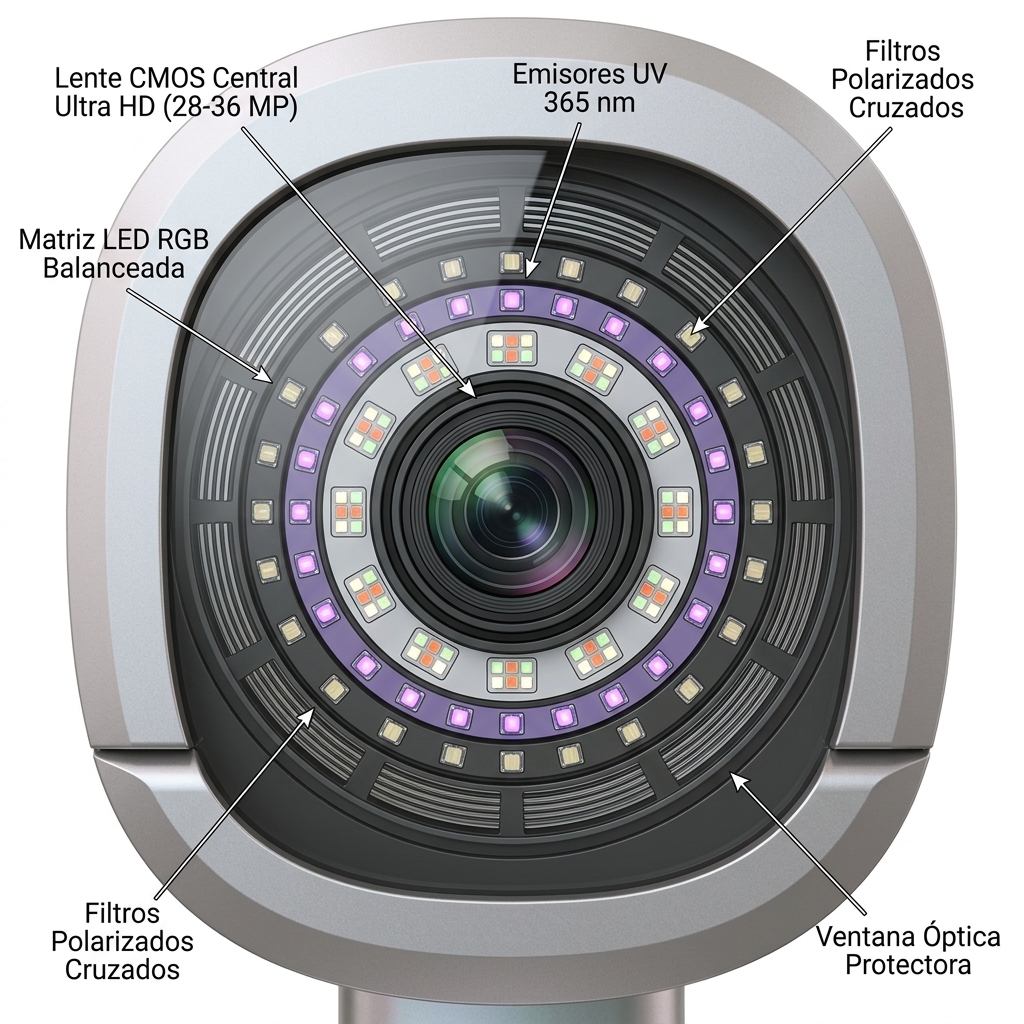Render 3D técnico de la distribución del tabique sensor posterior con la cámara Ultra HD y la matriz de 8 espectros LED.