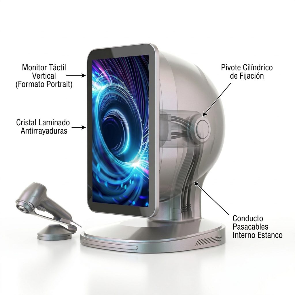 Render 3D del monitor táctil lateral en orientación vertical y corte transparente del acople cilíndrico pasacables.