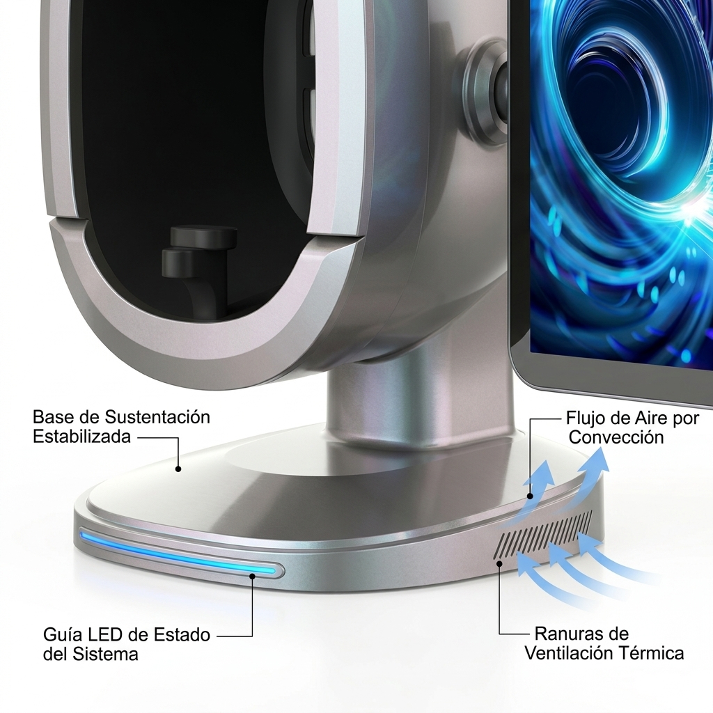 Vista 3D en ángulo bajo de la base estabilizada con ranuras de ventilación térmica y guía luminosa LED frontal.