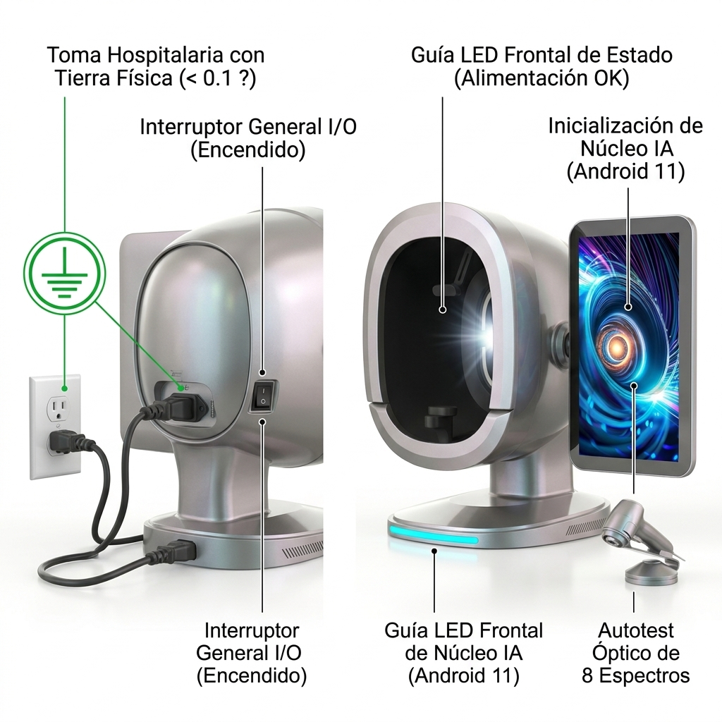 Diagrama 3D técnico de conexión eléctrica de grado médico, aterrizaje a tierra y secuencia de inicialización del sistema.