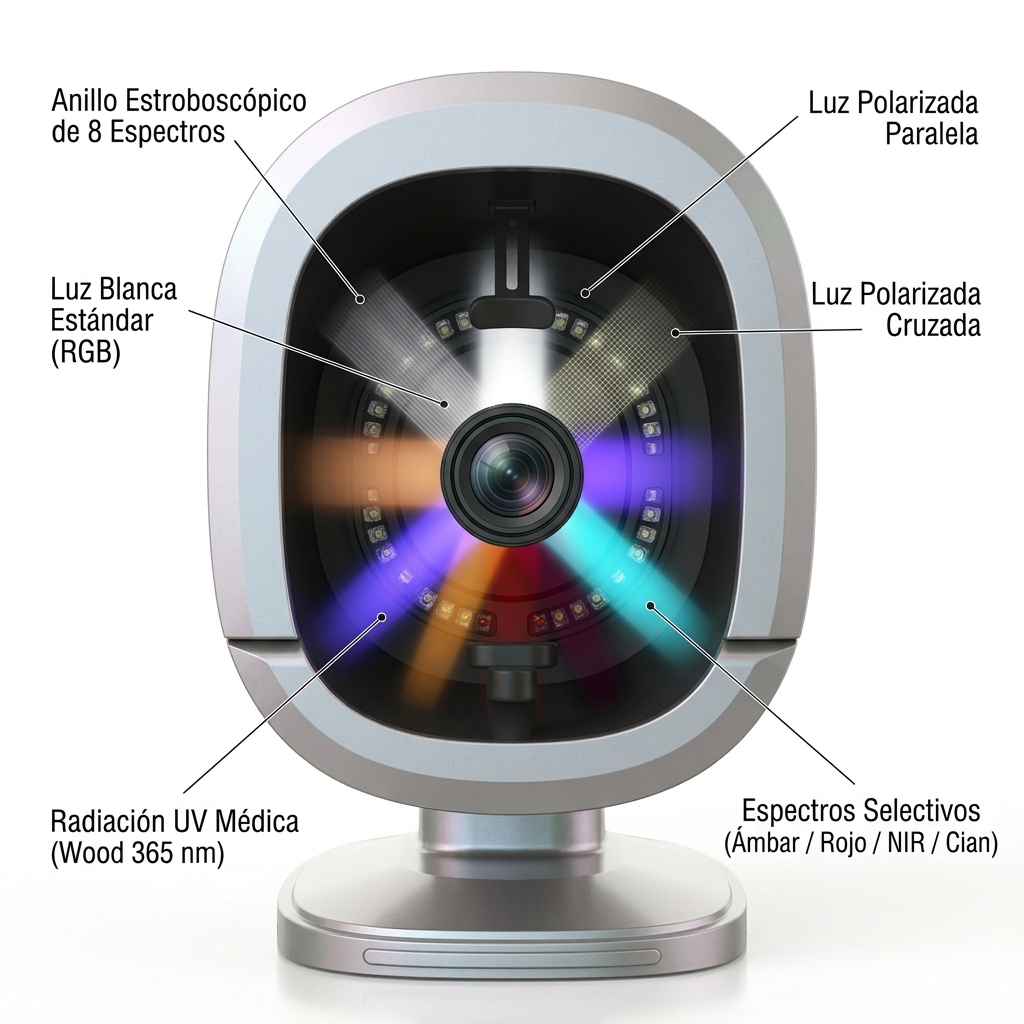 Render 3D frontal del interior del domo mostrando la prueba estroboscópica del anillo de iluminación con los 8 espectros de luz.
