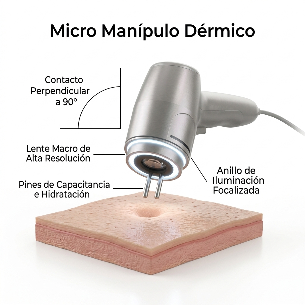 Render 3D de la sonda dérmica auxiliar (Micro Handle) orientada a 90° en contacto directo perpendicular sobre la piel facial.