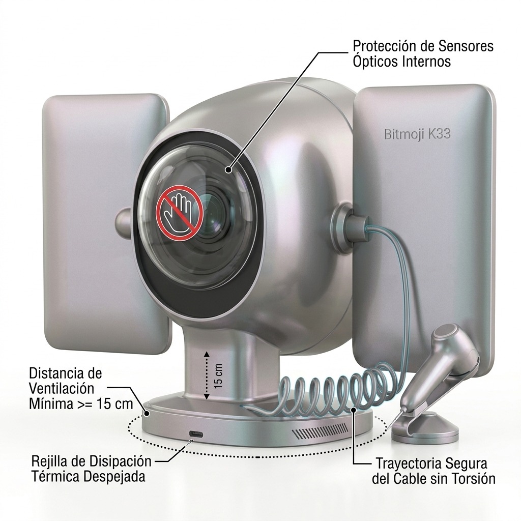 Render 3D técnico del Bitmoji K33 detallando las normas de mantenimiento: despeje de ventilación de 15 cm, protección del bloque óptico interno y radio de curvatura del cable.