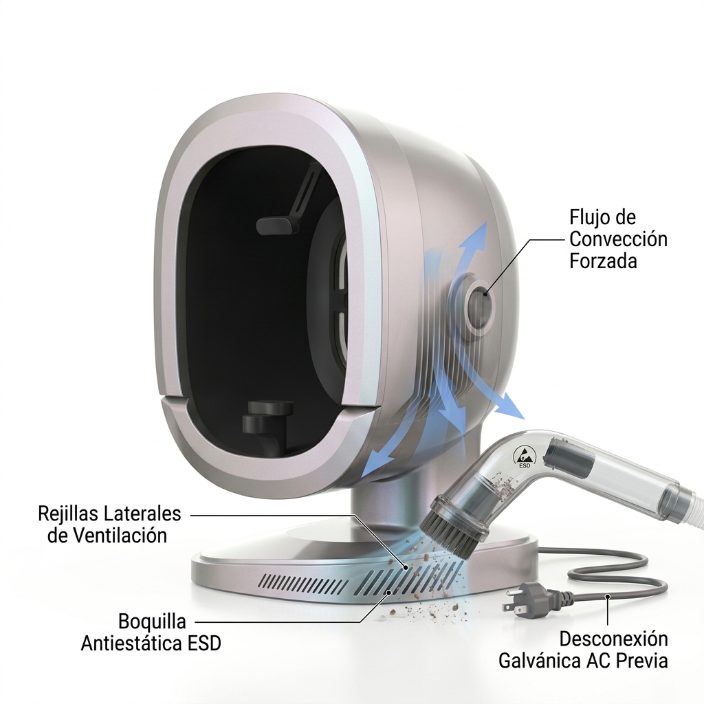 Render 3D de la base del equipo mostrando el proceso de aspirado antiestático en las rejillas laterales de ventilación.