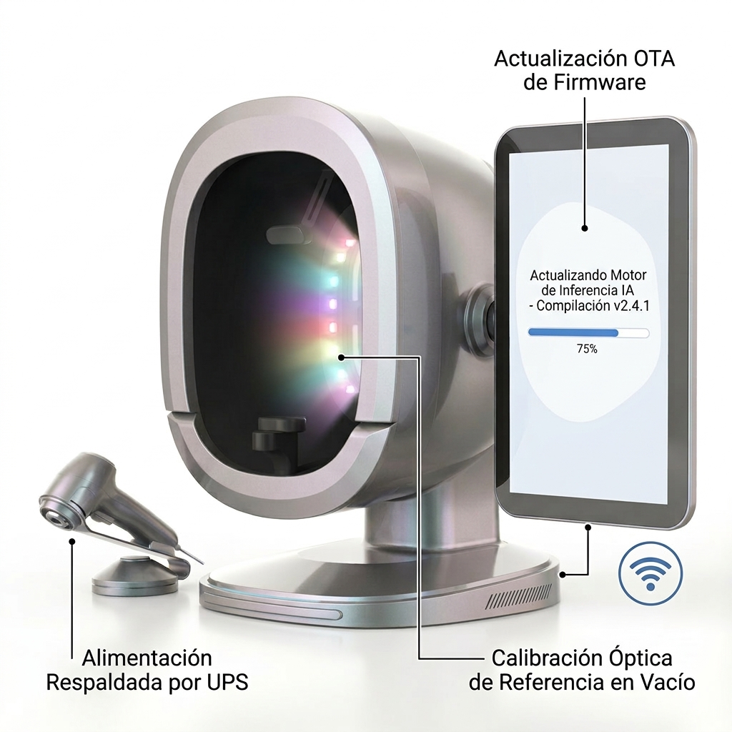 Render 3D de la consola del analizador durante la actualización de firmware OTA y posterior calibración óptica en vacío.