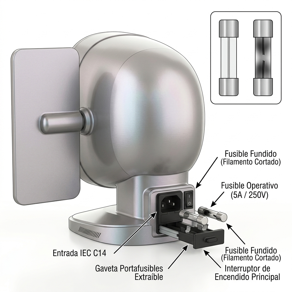 Render 3D de despiece en primer plano del módulo de entrada eléctrica IEC C14, extracción de gaveta portafusibles e inspección de fusibles.