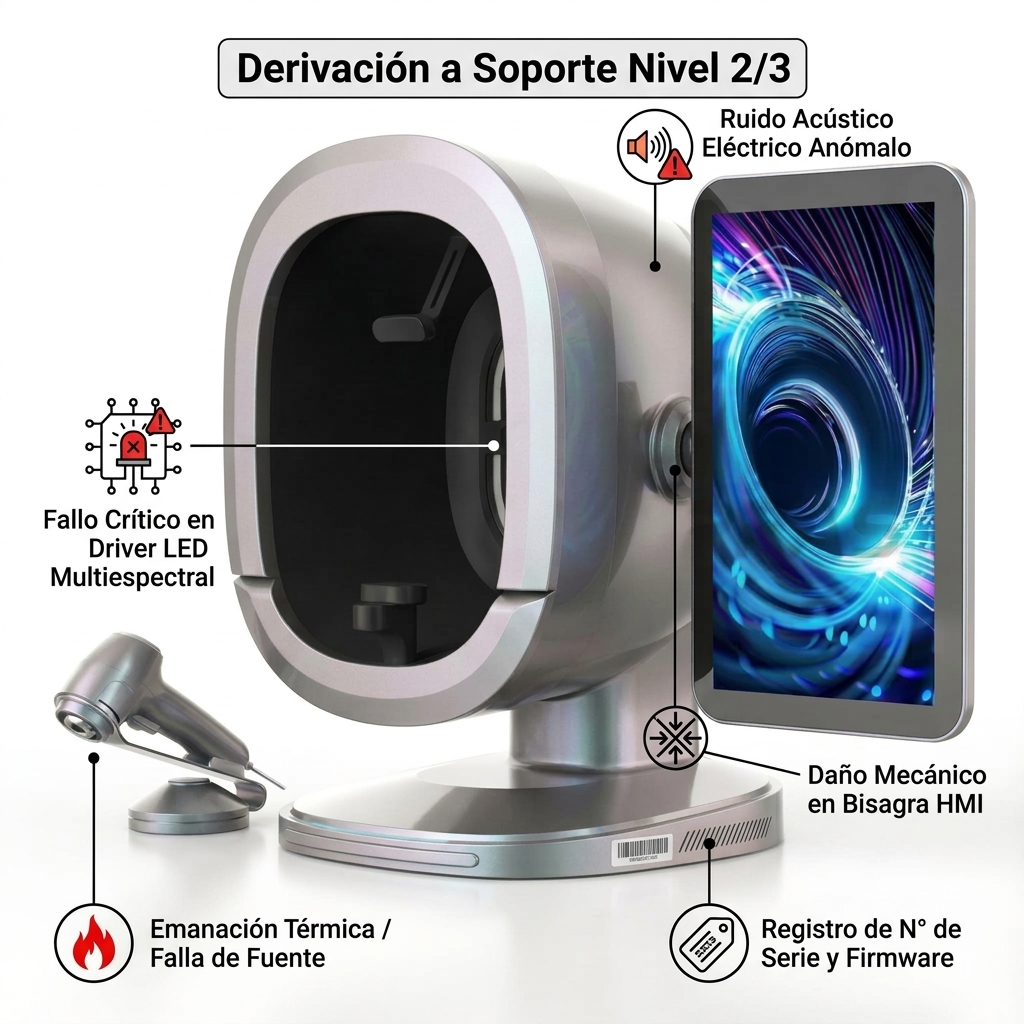 Render 3D técnico de matriz de diagnóstico para fallas críticas de hardware que requieren escalamiento a servicio técnico oficial.