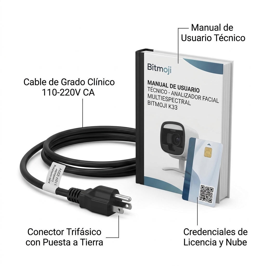Render 3D del cable de suministro eléctrico de grado clínico con toma a tierra y pliego de documentación técnica.