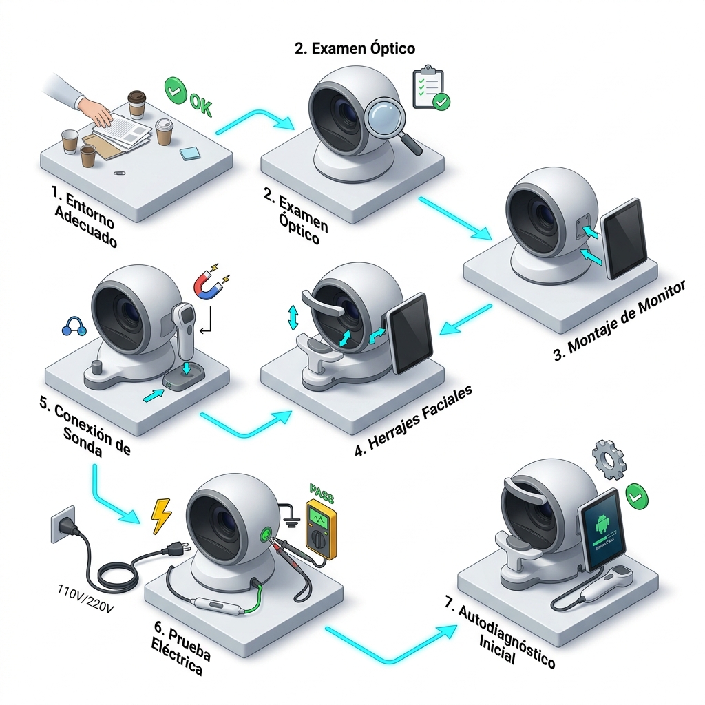 Infografía secuencial 3D isométrica del flujo de trabajo de 7 pasos para la instalación y puesta en servicio.