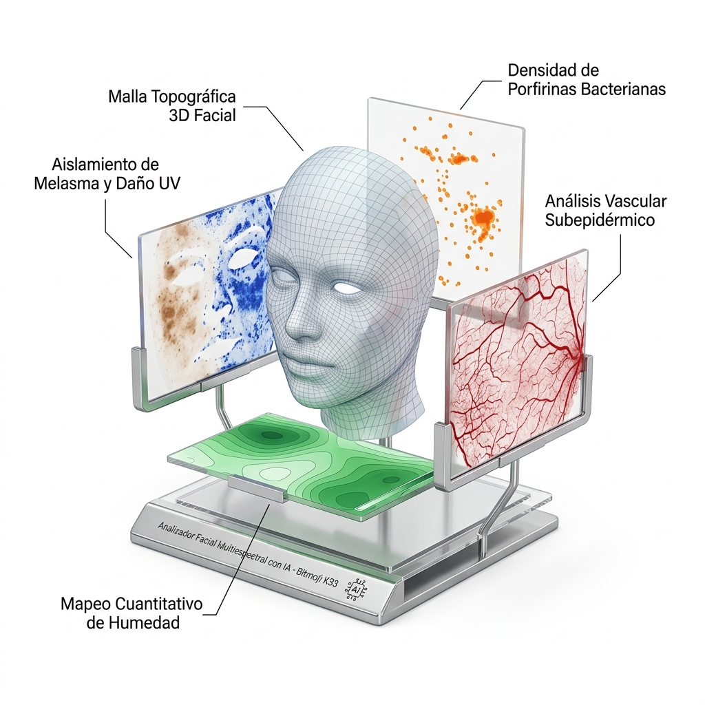 Render 3D de visualización diagnóstica computarizada mostrando el desglose por capas de la Inteligencia Artificial sobre un modelo facial.