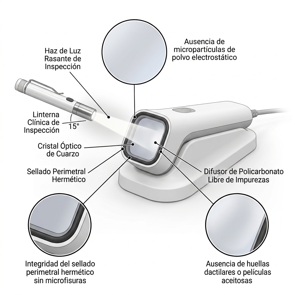 Esquema técnico de inspección con luz blanca rasante sobre el cristal sensor para detección de defectos superficiales.