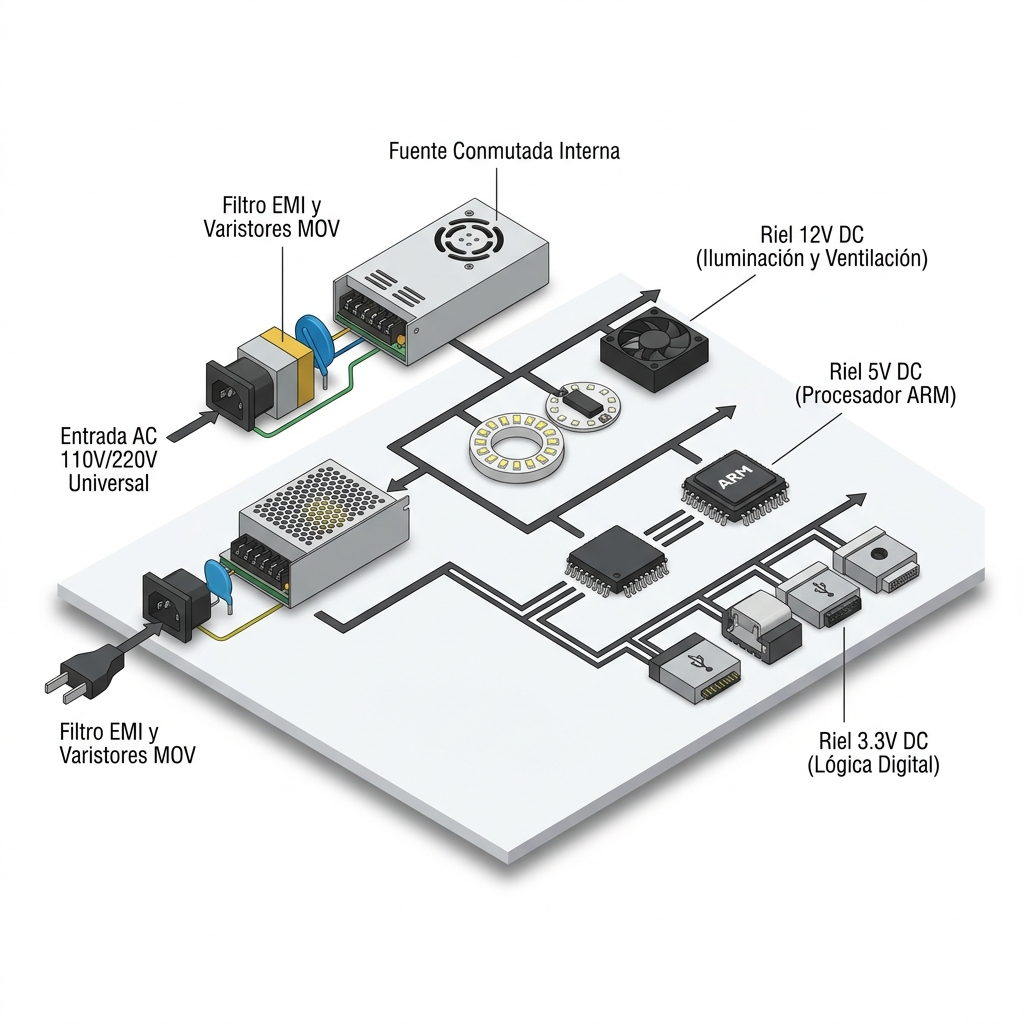 Diagrama esquemático 3D de la distribución eléctrica interna y rieles de alimentación regulada del analizador facial.