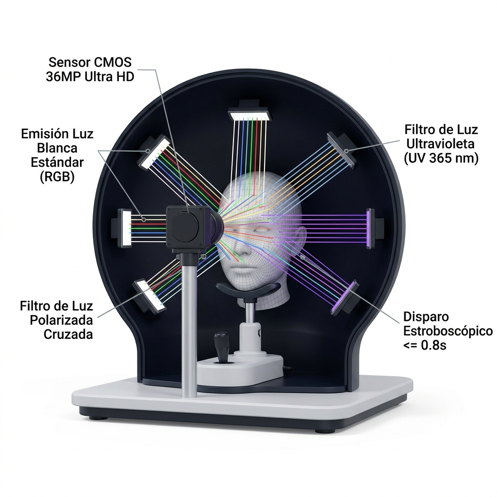 Diagrama 3D optoelectrónico de la ráfaga estroboscópica de 8 espectros lumínicos y disparo del sensor CMOS en 0.8 segundos dentro de la cúpula.