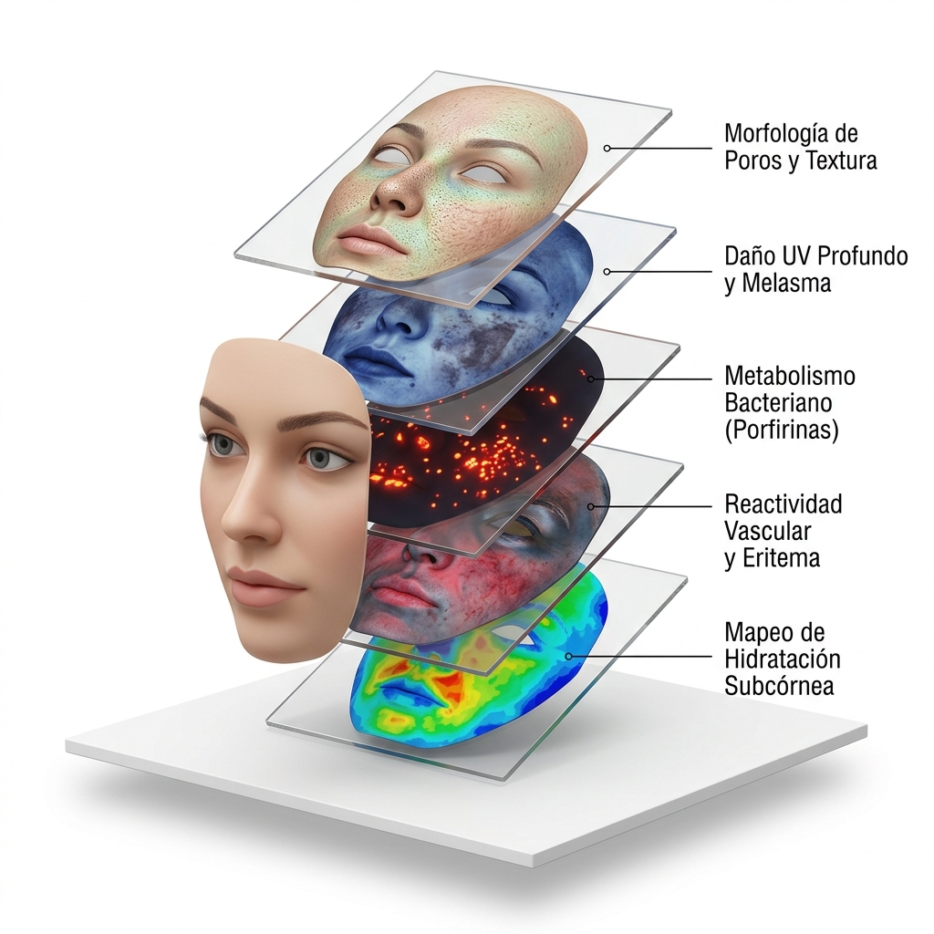 Infografía 3D de descomposición diagnóstica en capas de la piel ilustrando los 14 parámetros analizados por Inteligencia Artificial.