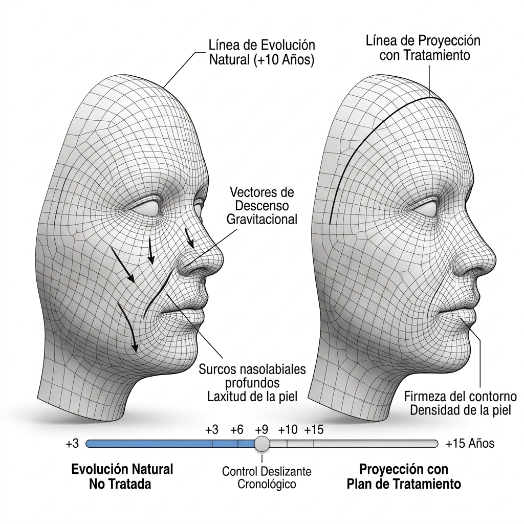 Esquema 3D conceptual de simulación predictiva de envejecimiento facial comparando la evolución natural no tratada versus el plan de tratamiento clínico.