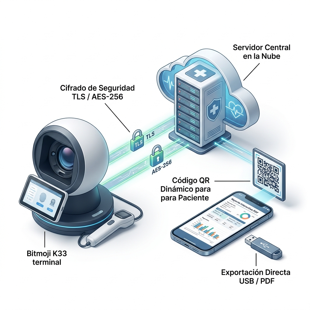 Diagrama esquemático 3D del ecosistema de conectividad en la nube, cifrado de datos TLS/AES-256 y exportación de reportes mediante código QR y USB.