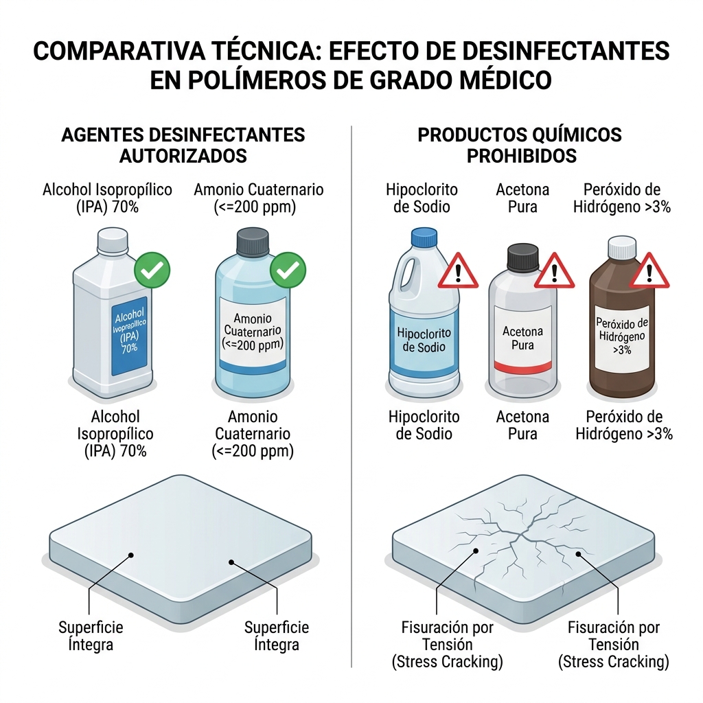 Infografía técnica 3D comparativa de compatibilidad química para desinfección sobre polímeros de grado médico.