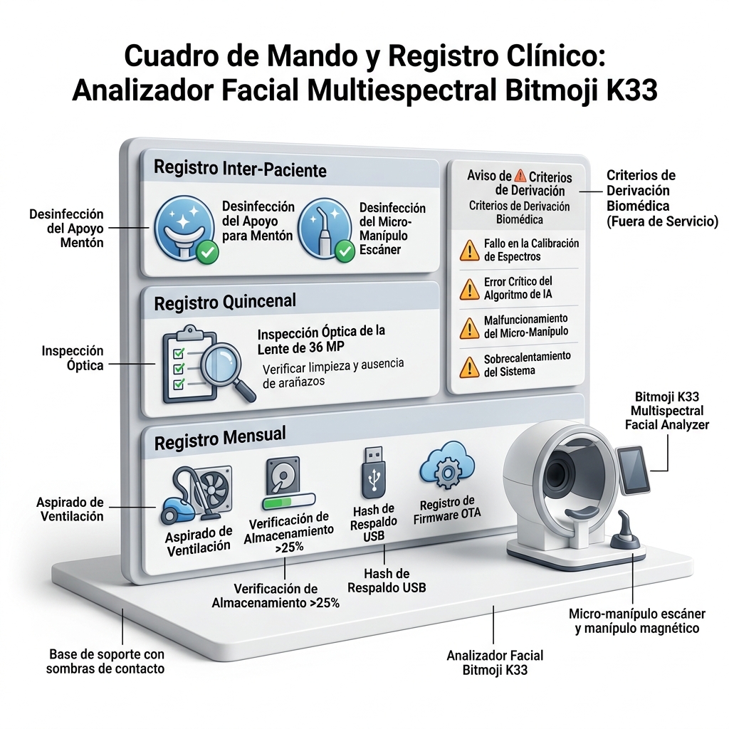 Infografía técnica 3D de la bitácora de mantenimiento preventivo con cronograma y criterios de derivación.
