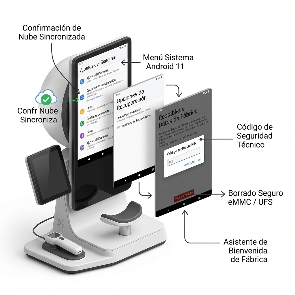 Render 3D de la interfaz HMI mostrando el flujo de recuperación y reseteo a valores de fábrica bajo Android 11.