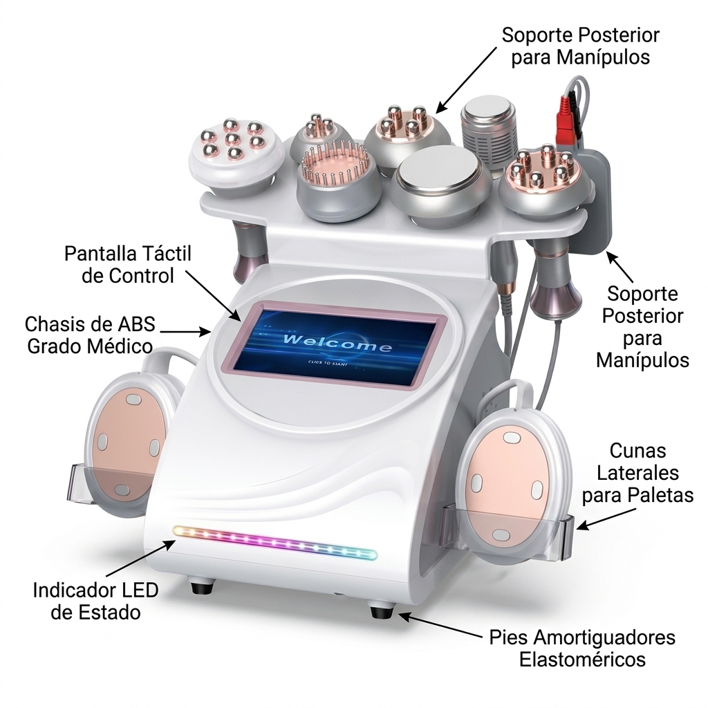 Render 3D técnico de la estación de sobremesa BodySculpt 10 mostrando el chasis monolítico de ABS, pantalla inclinada y soportes.