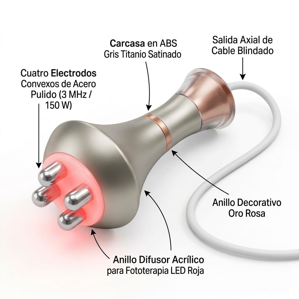 Render 3D del manípulo de radiofrecuencia cuadripolar reorientado mostrando los 4 electrodos convexos y anillo difusor.