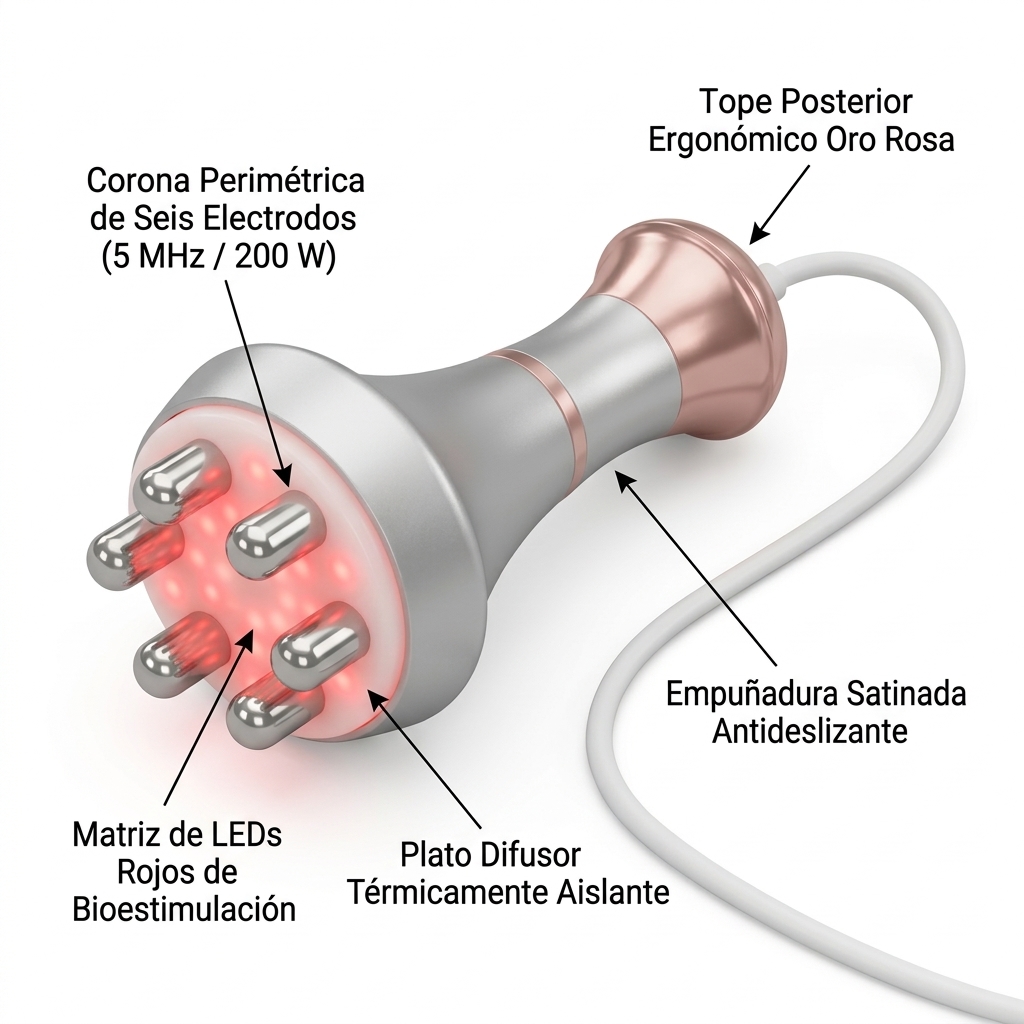 Render 3D del manípulo de radiofrecuencia hexapolar corporal reorientado mostrando los 6 electrodos perimétricos.