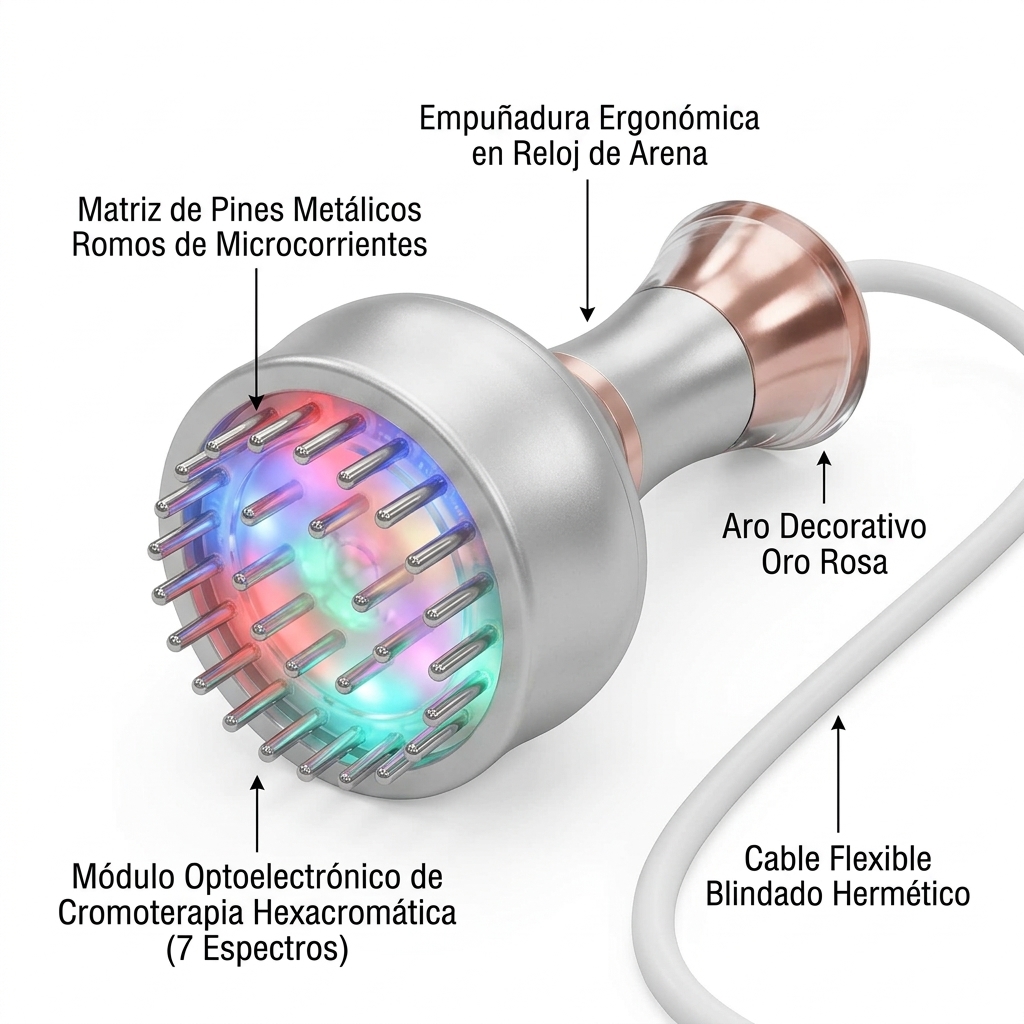 Render 3D del manípulo de microcorrientes y cromoterapia orientado hacia la cara activa con matriz de pines y LEDs.