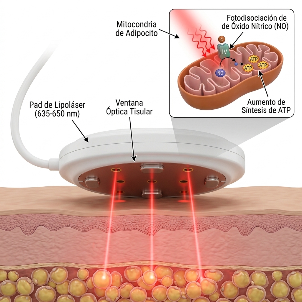 Render 3D de un pad de lipoláser LLLT en contacto activo sobre la piel, mostrando la penetración del haz de 635-650 nm y su absorción por el citocromo c oxidasa mitocondrial.