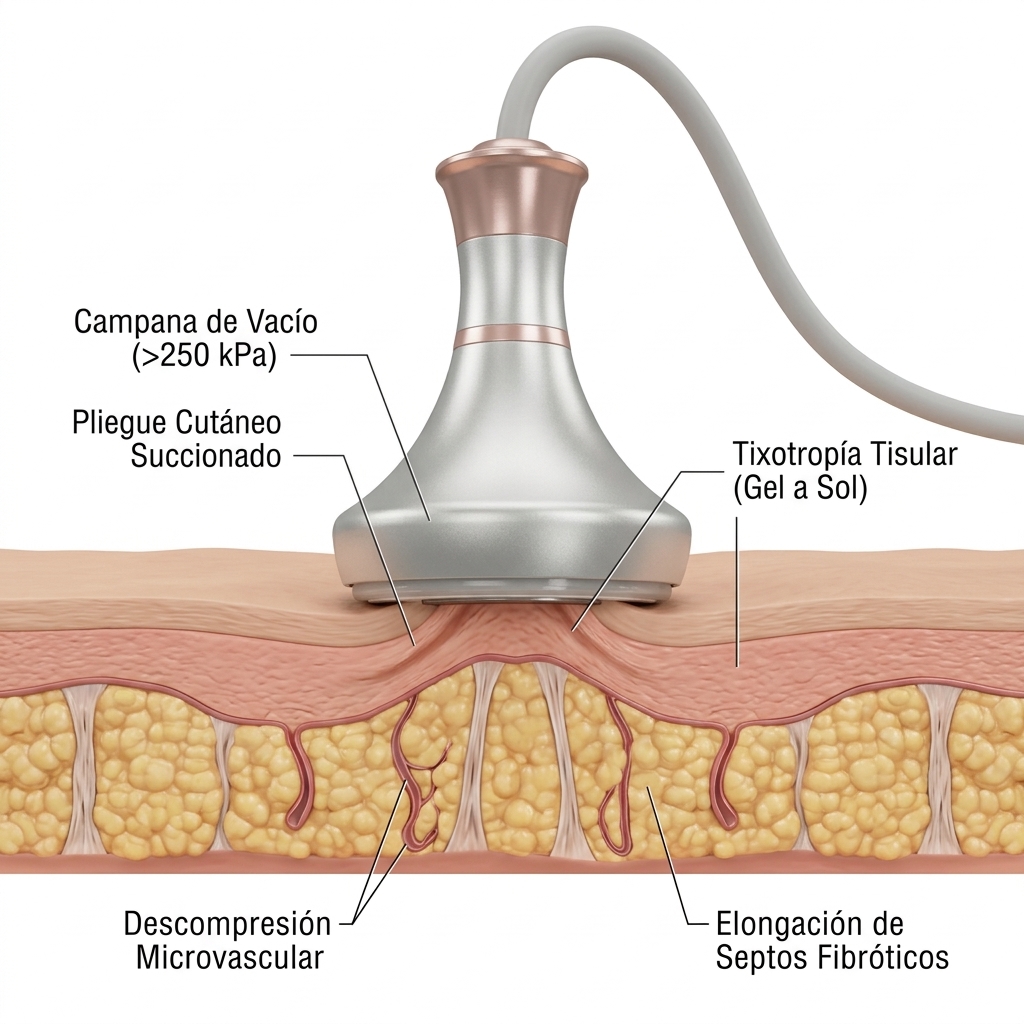 Render 3D en corte transversal del manípulo de vacumterapia con radiofrecuencia succionando un pliegue cutáneo, descompactando septos y fluidificando la matriz extracelular.
