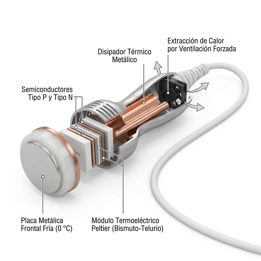 Render técnico 3D en despiece y corte transversal del martillo frío mostrando la celda Peltier de bismuto-telurio, la placa fría frontal y el disipador térmico con ventilador.