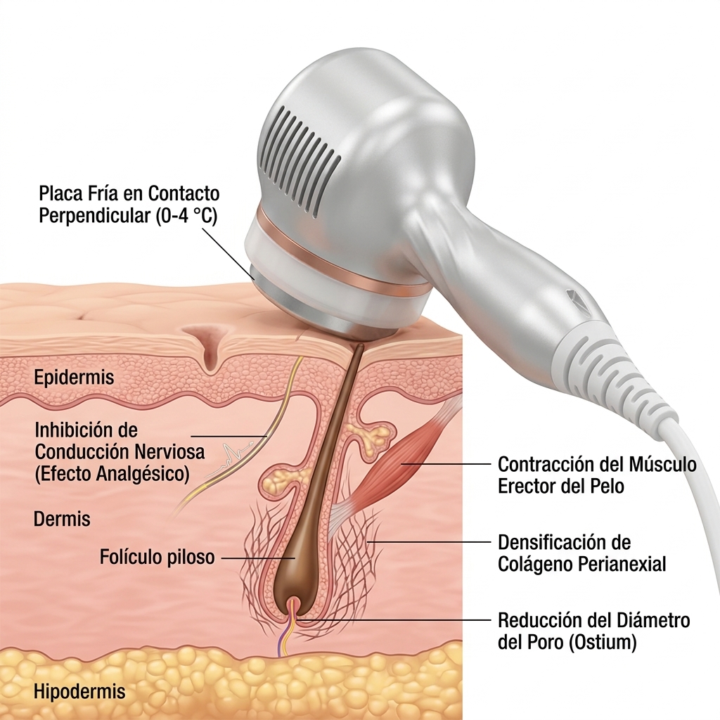 Render 3D del martillo frío en contacto activo perpendicular con la piel, mostrando la inhibición de fibras nerviosas nociceptivas y el refinamiento del ostium folicular.