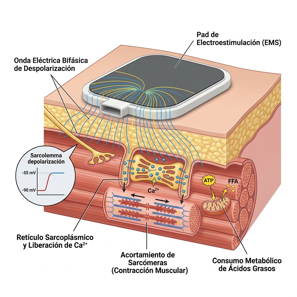 Render 3D del pad de electroestimulación en contacto sobre el tejido, emitiendo pulsos eléctricos hacia la placa motora neuromuscular y generando contracción sarcomérica.