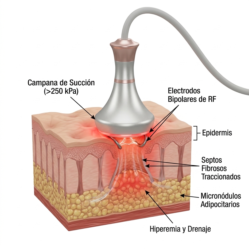 Render 3D esquemático del cabezal de radiofrecuencia con vacuum tratando celulitis en corte histológico subcutáneo con tracción de septos fibrosos.