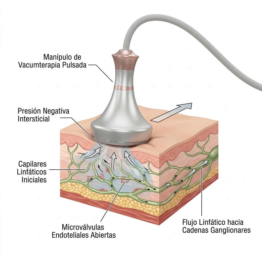 Diagrama 3D biomecánico de drenaje linfático asistido por vacumterapia pulsada, mostrando la apertura de microválvulas capilares endoteliales.