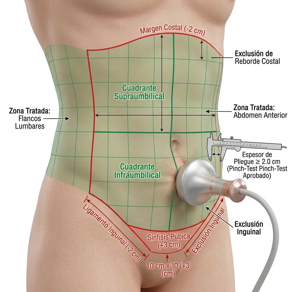 Diagrama anatómico 3D de cartografía clínica del abdomen y flancos con delimitación de cuadrantes, márgenes de seguridad y plicometría.
