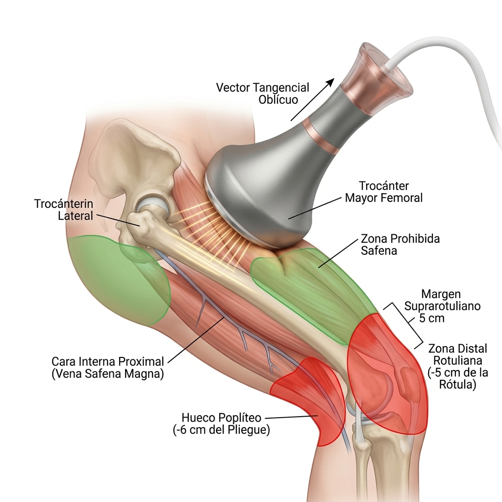 Ilustración 3D del muslo mostrando la aplicación tangencial de cavitación en el trocánter, márgenes de rodilla/hueco poplíteo y exclusión medial.