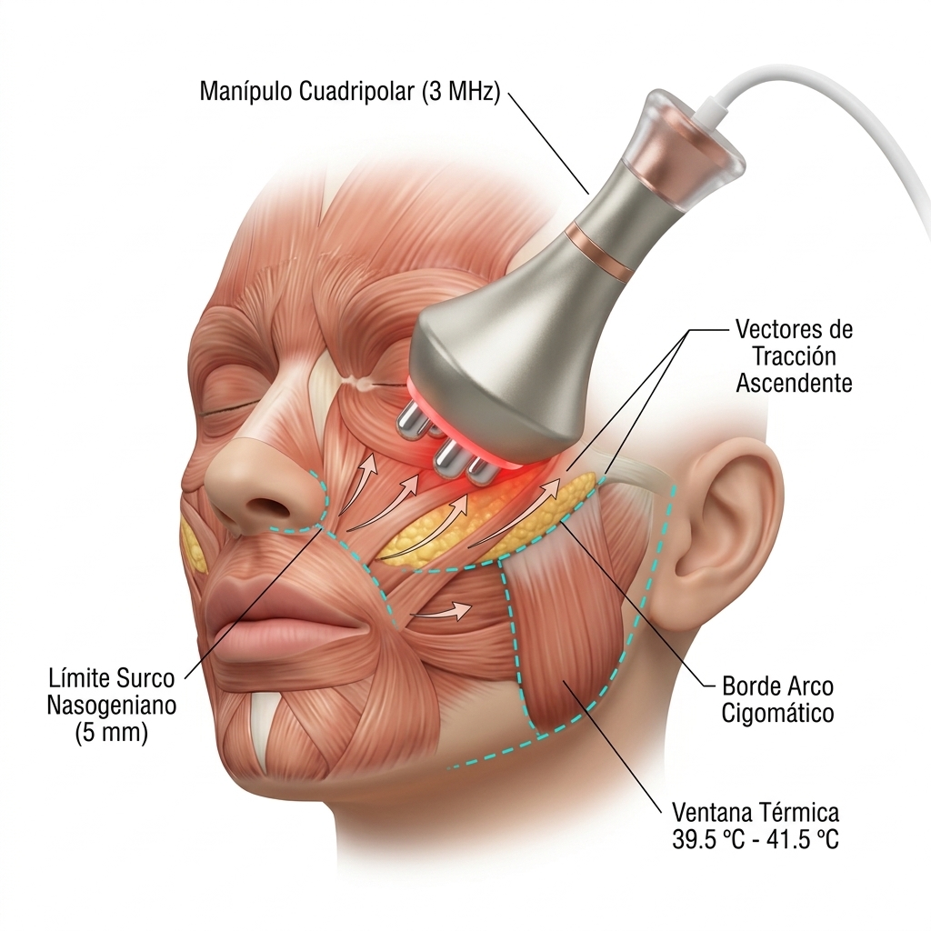 Esquema 3D del tercio medio facial con vectores ascendentes de radiofrecuencia cuadripolar sobre mejillas y cojinete malar.
