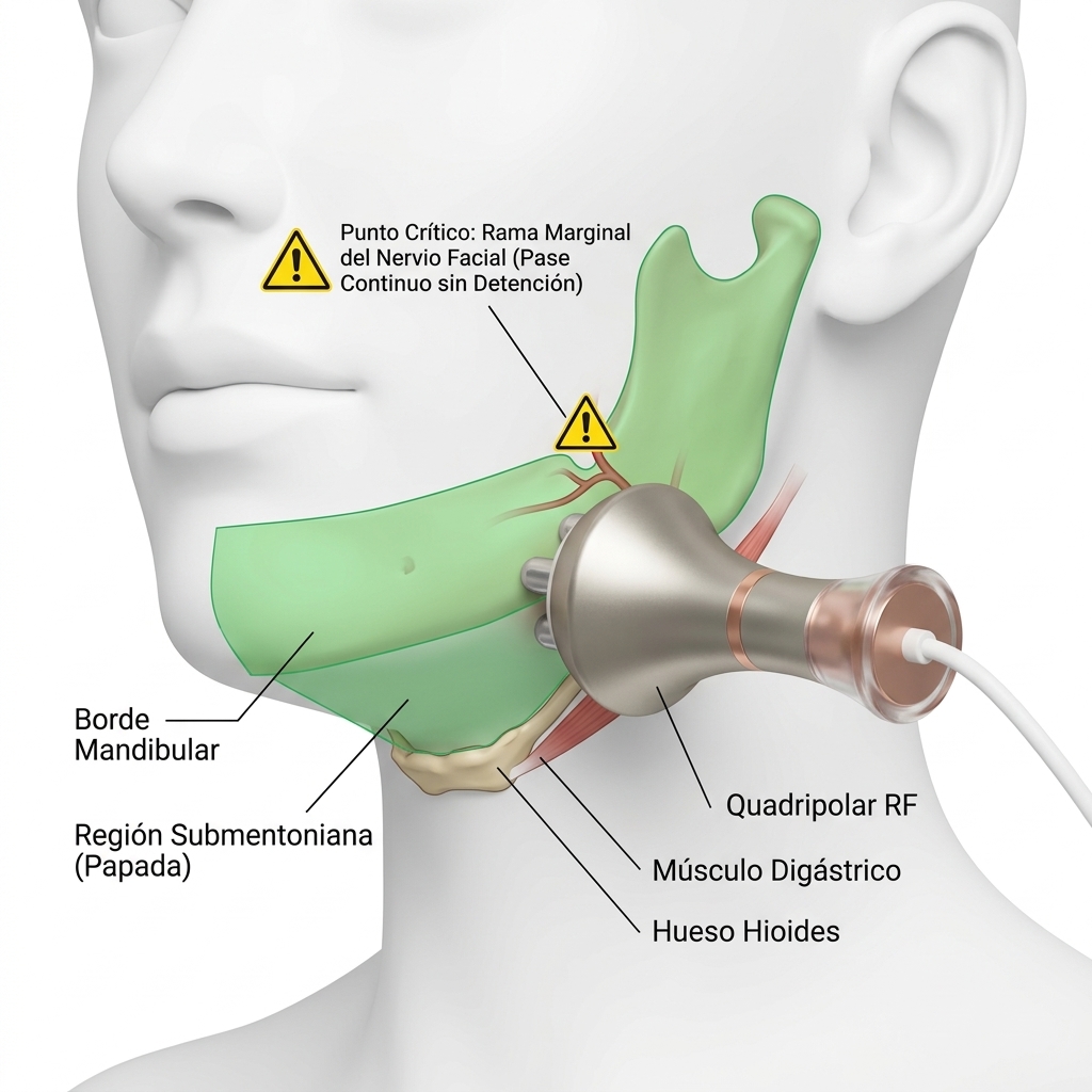 Cartografía 3D del contorno mandibular y papada, señalando el punto de precaución de la rama marginal del nervio facial.