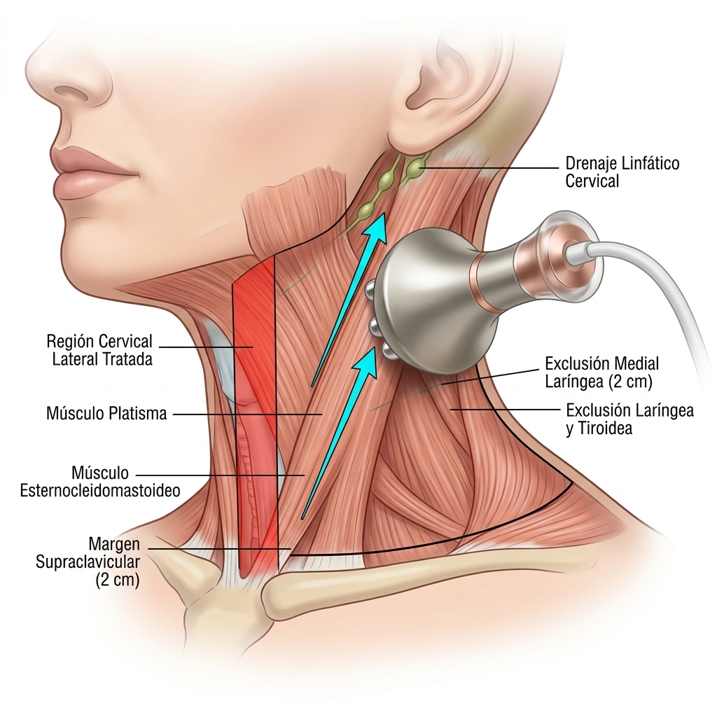 Ilustración 3D de la cara lateral del cuello con vectores de retensado sobre el músculo platisma y respeto de la línea media laríngea.
