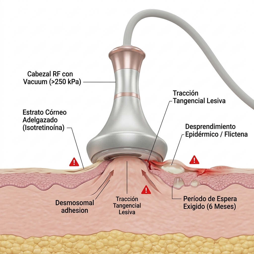 Esquema 3D de fragilidad dermo-epidérmica bajo tracción mecánica del cabezal de radiofrecuencia con vacuum superior a 250 kPa en pacientes tratados con isotretinoína.
