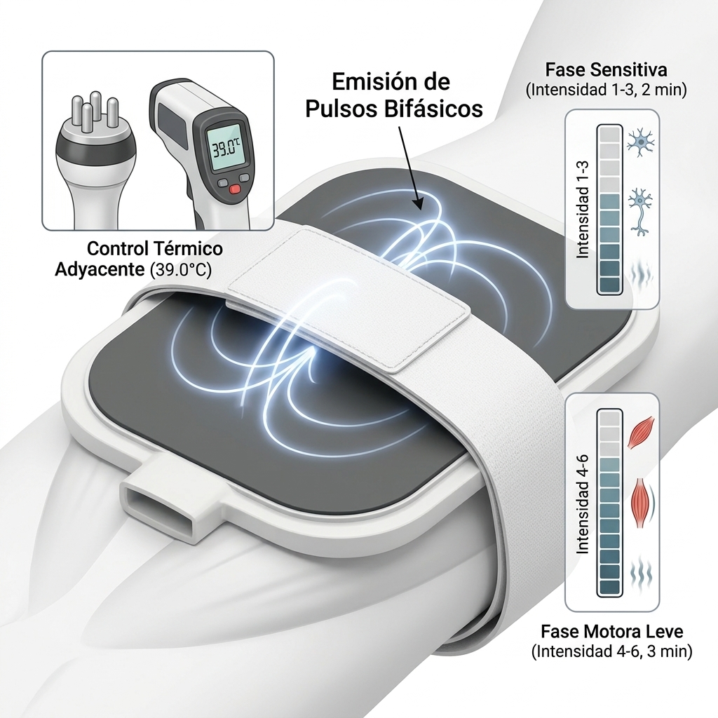 Esquema 3D dosimétrico de prueba con Pad EMS mostrando la progresión de fase sensitiva (intensidad 1-3) a contracción muscular motora leve (intensidad 4-6).