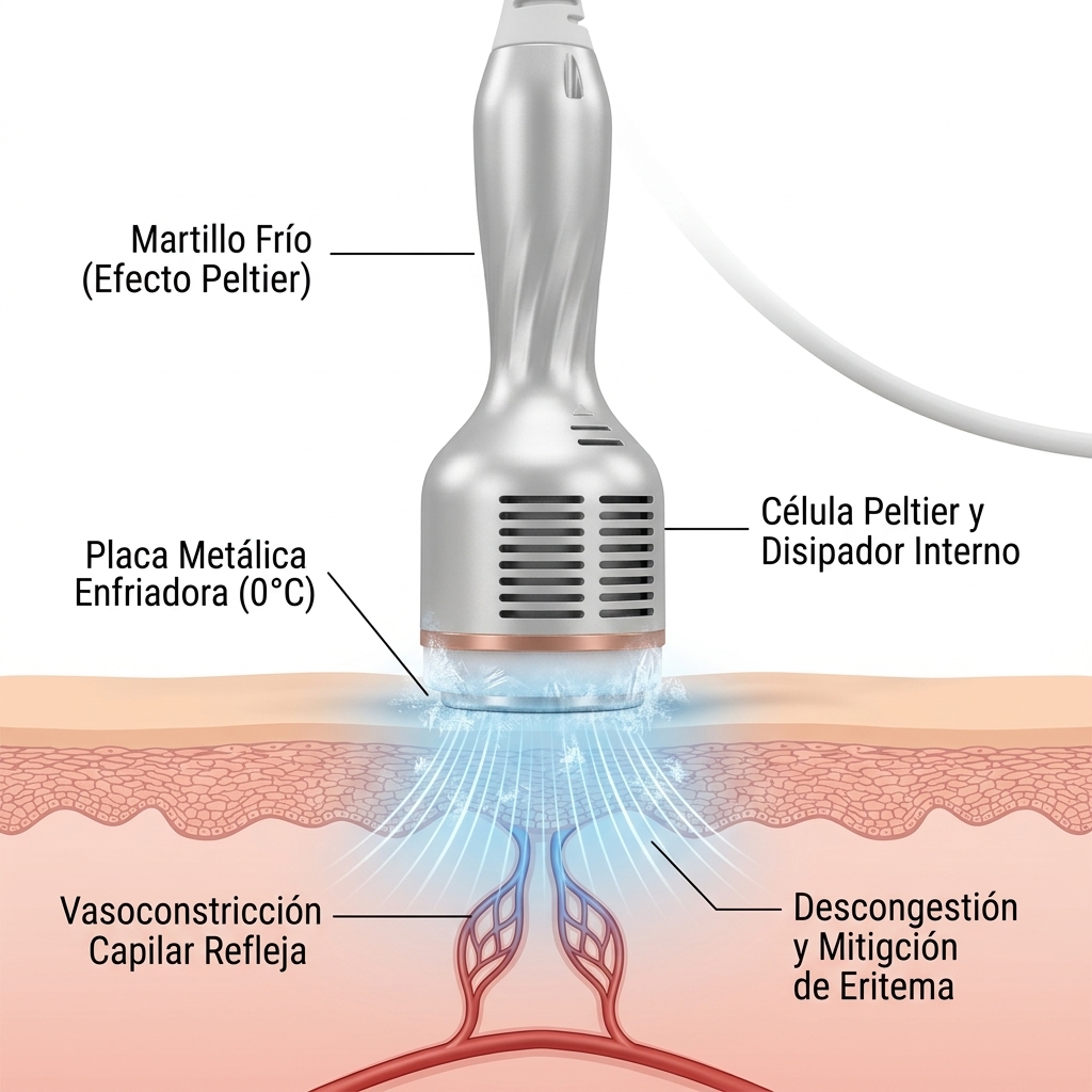 Render 3D del martillo frío termoeléctrico activo sobre la piel, mostrando la vasoconstricción periférica y la caída térmica a 0 °C.