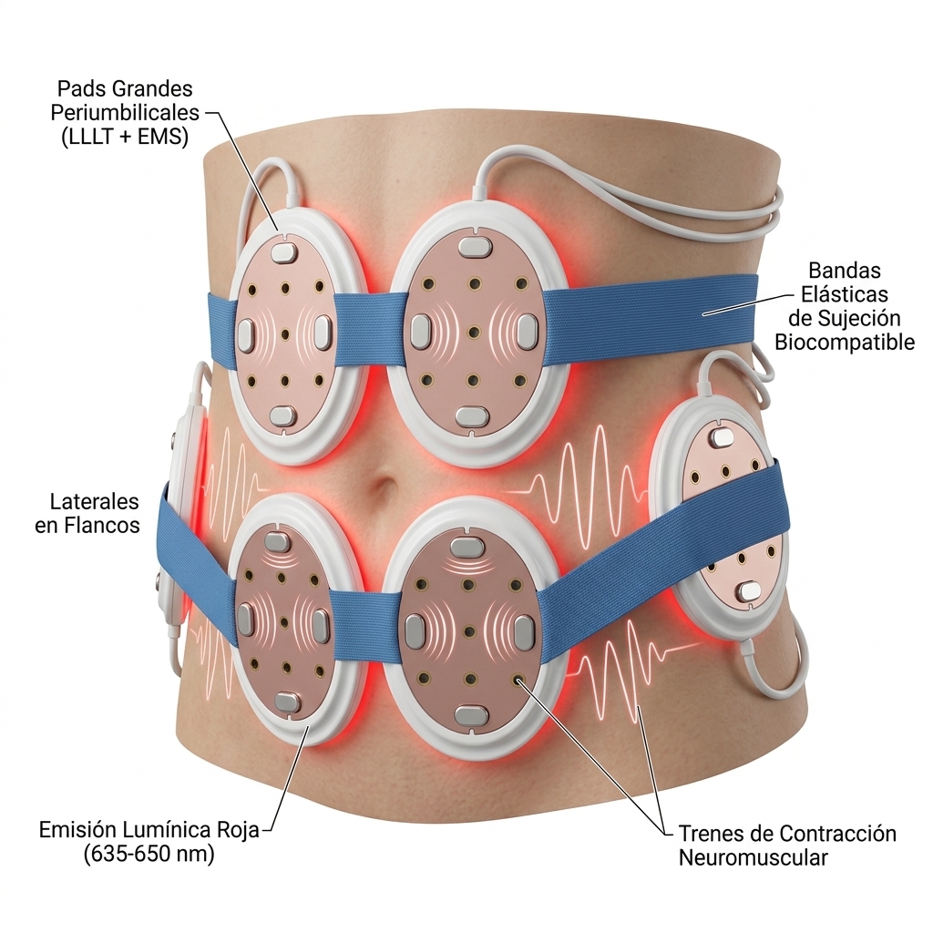 Render 3D de la disposición anatómica de los pads de lipoláser y EMS fijados con bandas elásticas en abdomen y flancos.