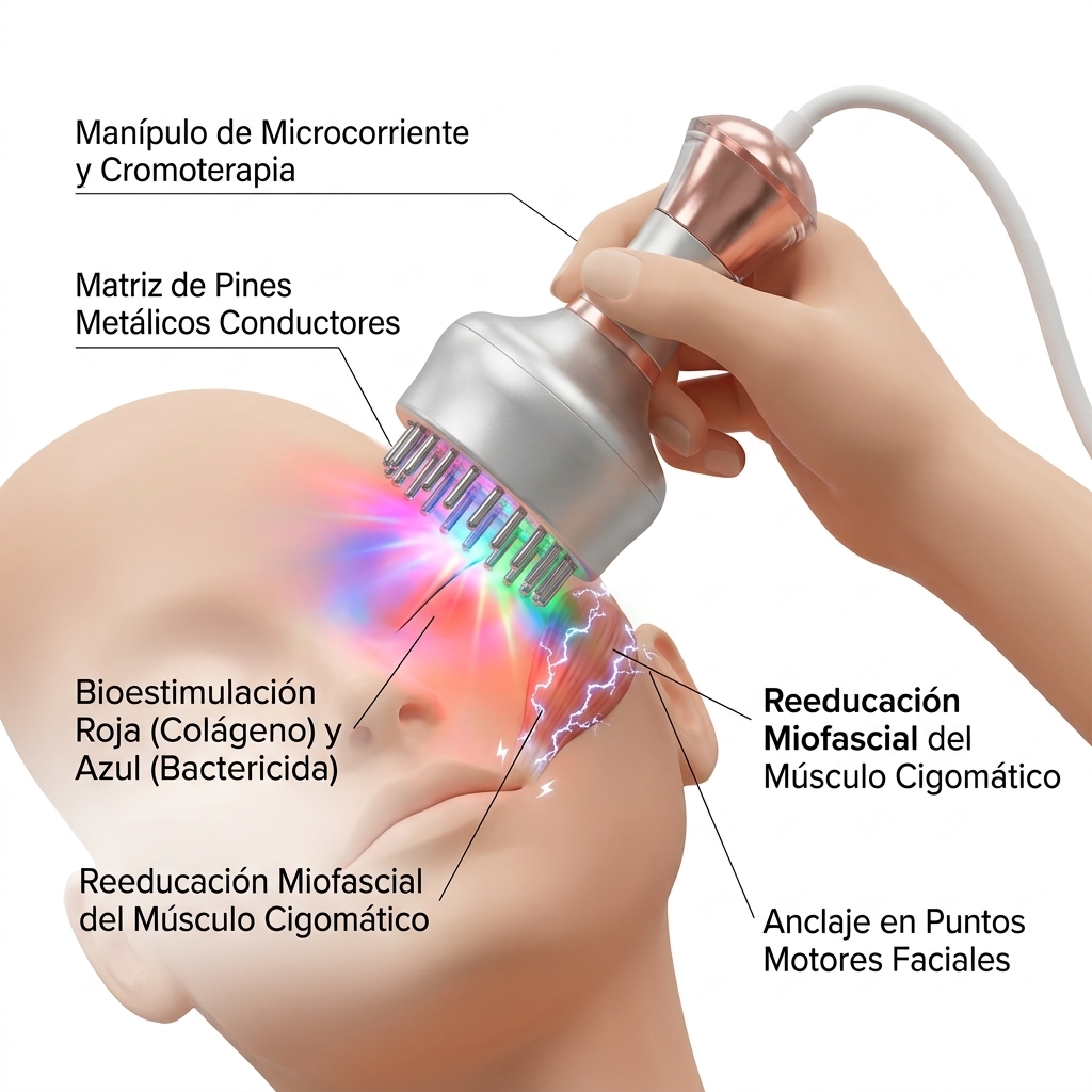 Render 3D del manípulo de microcorriente y cromoterapia en contacto facial, estimulando músculos faciales con fototerapia tricolor.