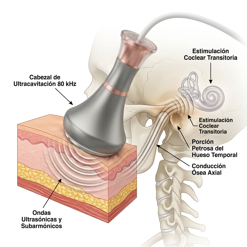 Esquema 3D biomecánico y anatómico que ilustra la conducción ósea de subarmónicos acústicos desde el manípulo de cavitación de 80 kHz hacia la cóclea del oído interno.
