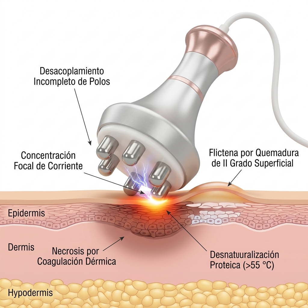 Corte transversal 3D de la piel mostrando los mecanismos de quemadura térmica por desacoplamiento parcial del cabezal de radiofrecuencia hexapolar y formación de flictenas.