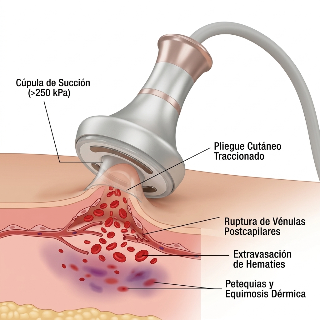 Render 3D esquemático del manípulo de RF con Vacuum provocando tracción excesiva en la piel, disrupción de vénulas postcapilares y extravasación hemática dérmica.
