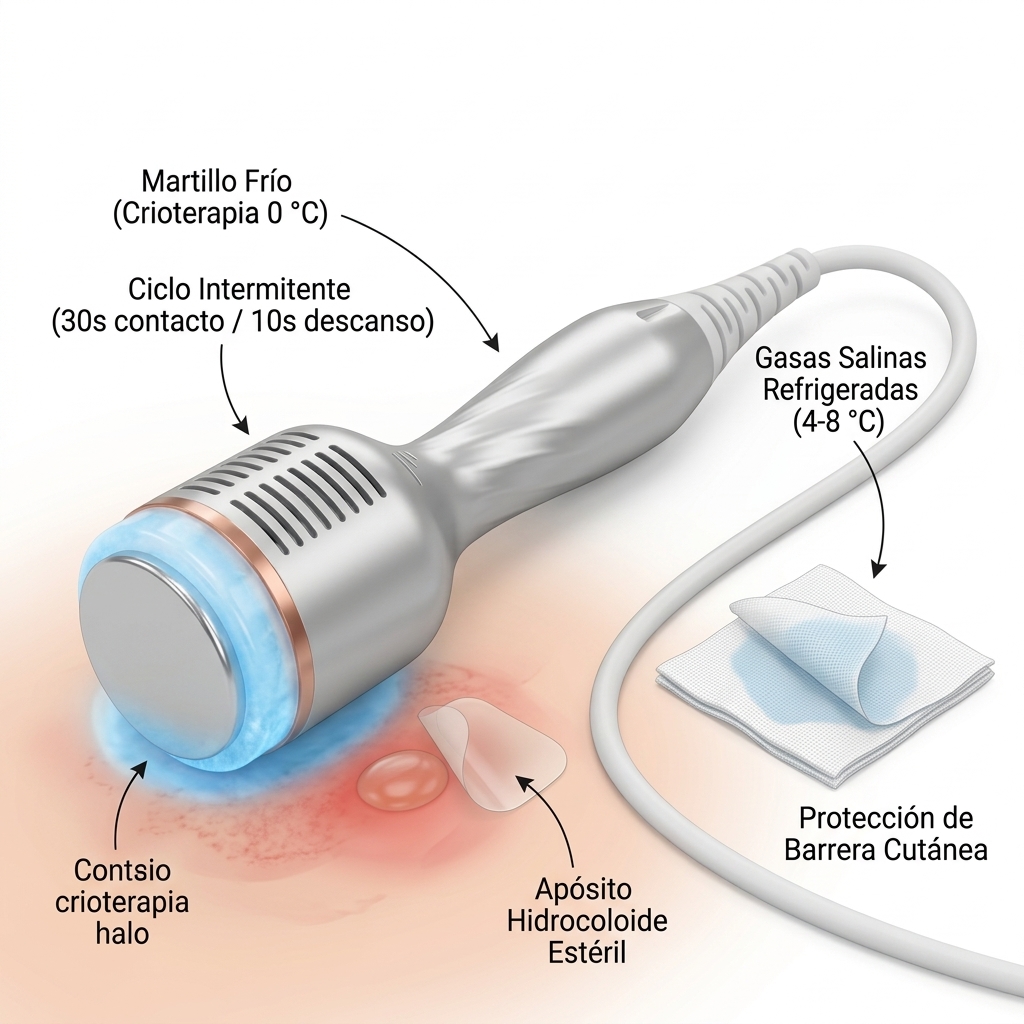 Render 3D esquemático secuencial del protocolo de emergencia para quemadura por RF: aplicación del Martillo Frío a 0 °C con toques intermitentes y colocación de apósito hidrocoloide estéril.
