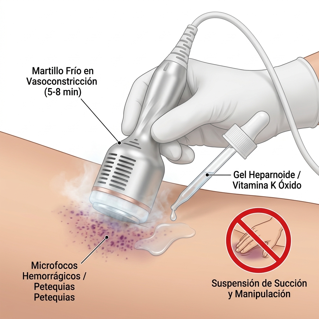 Render 3D de procedimiento clínico para manejo de hematoma por vacumterapia: vasoconstricción con Martillo Frío y aplicación tópica de emulsión con fitomenadiona/heparinoide.